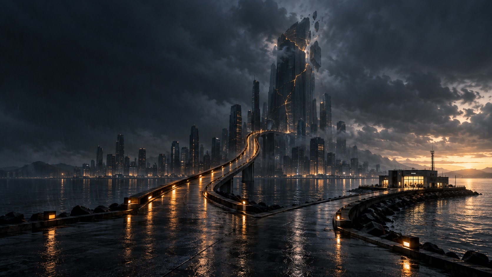 A rain-dark harbour at dusk: the causeway forks, one arm running toward a fracturing tower lit from within by its own cracks, the other toward a small lit building with the sun rising behind it