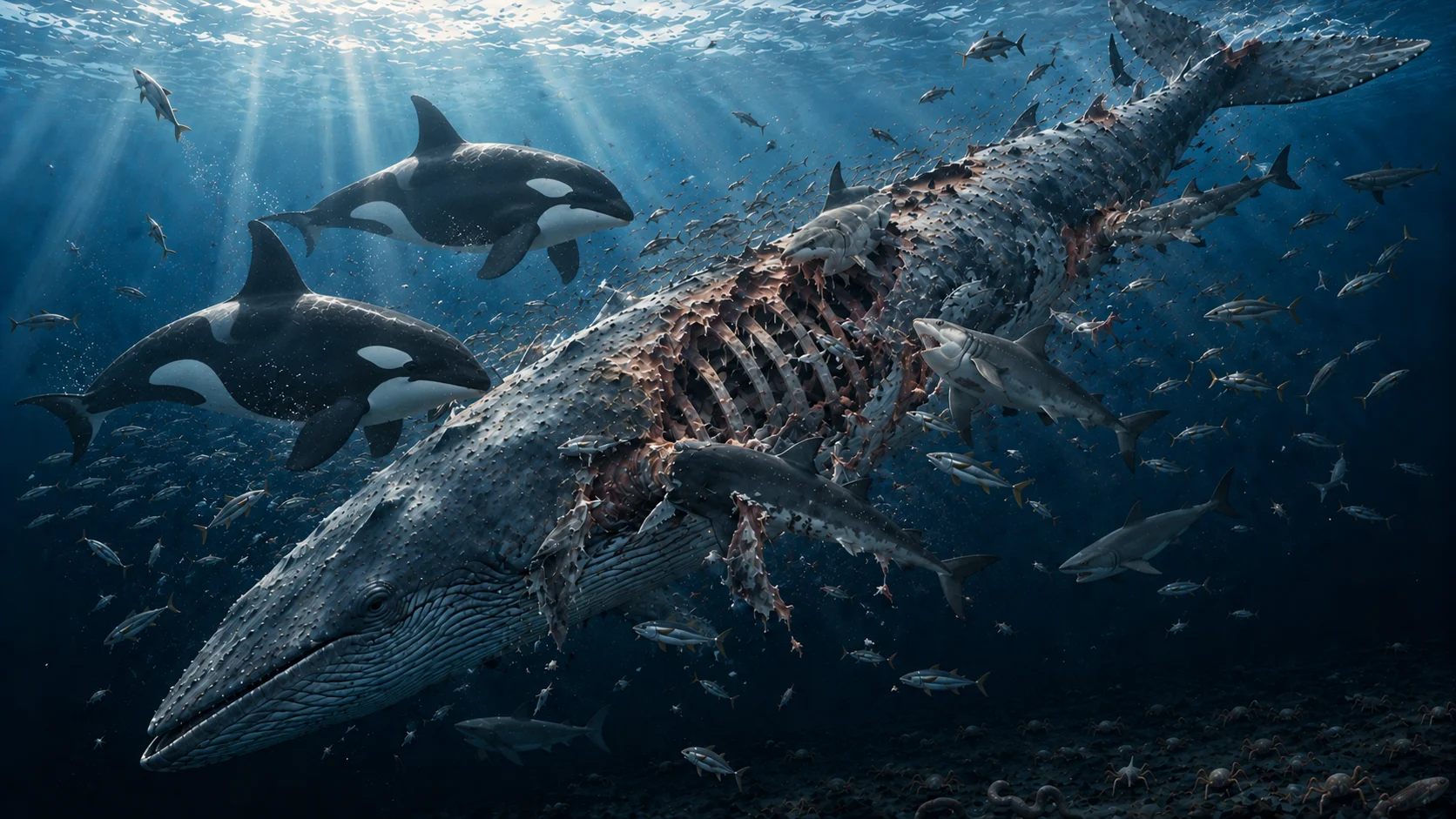 A blue whale carcass sinking through sunlit water, orcas and sharks tearing at it while schools of fish dart around, and crabs waiting on the seafloor far below