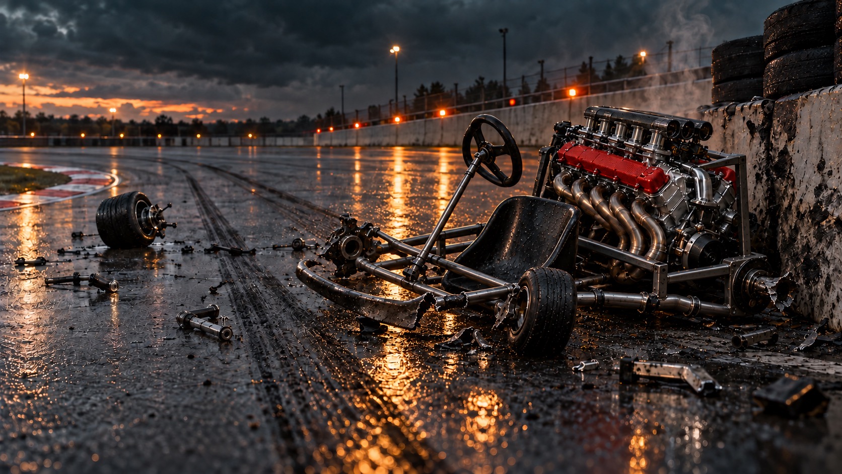 A wrecked go-kart against a concrete barrier on a wet track at dusk: skid marks run straight past the corner, a wheel sheared off and bolts scattered, while the polished red-and-carbon V12 engine still bolted to the twisted frame is undamaged