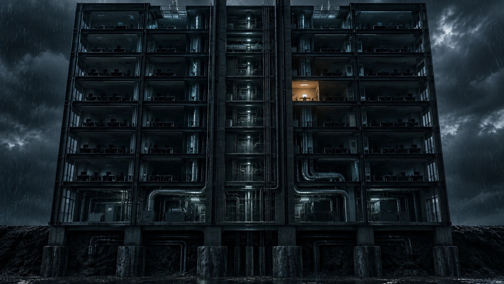 A rain-lashed, seven-storey concrete building on piles, its floors cut away to show desks and rooms, with pipes and machinery in every level and a single warmly lit office room on one floor