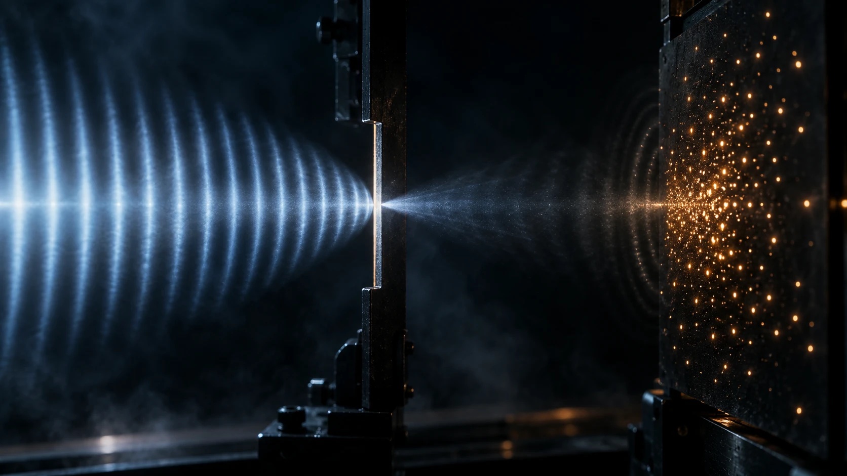 A fine beam of blue light passing through a narrow slit in a dark metal plate, spreading in wave rings on one side and landing as a scatter of glowing amber points on the plate at right