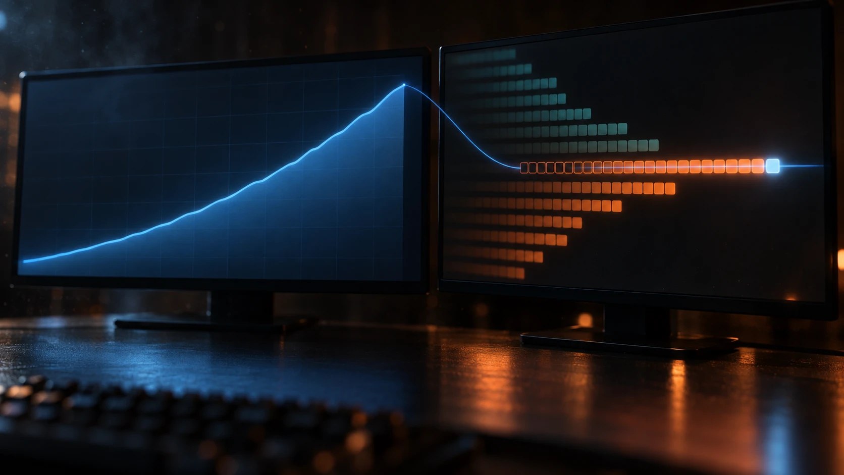 Two monitors on a dark desk: on the left a smooth rising blue line chart, on the right an order-book ladder of orange blocks where the longest row ends in a single pale block, with a thin blue line of light running from the top of the chart into that row